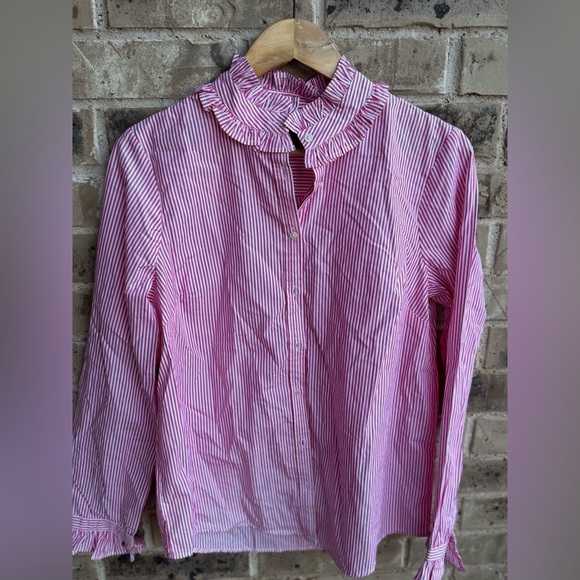 J. Crew Striped ruffleneck button-up Striped Pink Blouse Sz M - Picture 7 of 11
